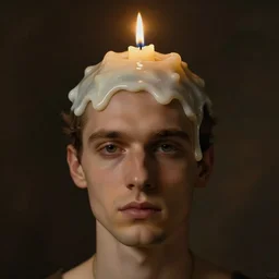 photo of a man with a burning candle wick coming out of the top of his melting head