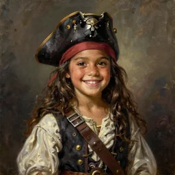 oil painting, smiling, happy, beautiful, intelligent, caribbean, tanned, female pirate captain 2 8 years old, flowing long hair, fully clothed, wise, beautiful, masterful 1 8 0 0 s oil painting, dramatic lighting, sharp focus