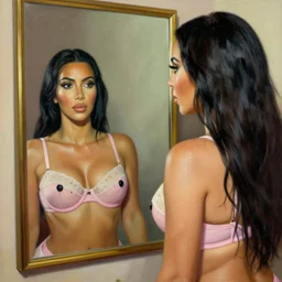 a beautiful painting kim kardashian wear a cute bra and look in the mirror, by salvador dali realistic oil painting