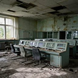 photo of interior view of abandoned Chernobyl nuclear plant control room, filthy, disused, radiation emanating, documentary photograph