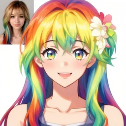 Beautiful girl, rainbow hair, symmetrically, smiling, anime style, pixiv, pinterest anime, artist Steve Hanks, artist Alyssa Monks, endless summer art, artist WLOP artstation, artist Mam BA artstation, artist Arata Yokoyama, real photo, very detailed, realistic proportions, knowledge of anatomy, anatomy for beginners, true proportions of the face