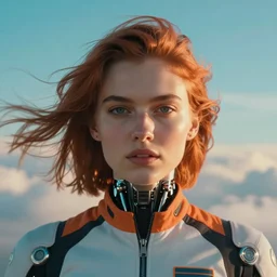 symmetry, closeup portrait of a racer girl, cyborg, jumpsuit, in clouds, cinematic light, windy, cyan, orange, by gerald brown, by mikhail