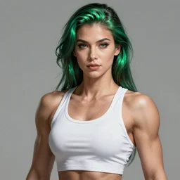 a beautiful female bodybuilder wearing a white tank top. highly detailed portrait, digital painting, sharp focus illustration, artstation hq. intricate, elegant. art by wlop and marvel comics, green iridescent