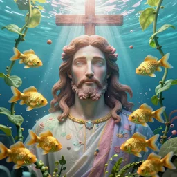 a portrait of Jesus, underwater, gold fish, green creepers, cross,light from above. in the style of Michelangelo, and Paul Gauguin, with cyberpunk liberty and flemish baroque mixed media details. vibrant vivid 3d textures in natural pastel tones. HD 8x
