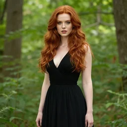 a beautiful red-haired woman wearing a black gown stands in a bright forest, beautiful face, by Steve McCurry