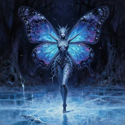 a tall slender butterfly priestess made of shattered hopes and mystical dreams, grimdark fantasy painting of a cosmic butterfly on a shadowed forest background. a fursona of a butterfly goddess dancing on a frozen lake in the darkness void realm. a painting in neon inks by terese nielsen and ron spencer