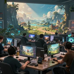 a photograph of many video game developers working hard to ship a game