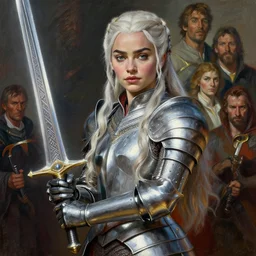 A painting of Daenerys Targaryen wearing  a intricate silver armor  and holding Excalibur  ,by by Boris Vallejo , Julie Bell , Brom , Frank Frazetta , Jeff Easley, cinematic, Norman Rockwell ,trending on artstation , rule of thirds ,HD 4k , focus face , body