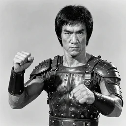 black and white vintage photo of a armoured Bruce Lee, angry eyes