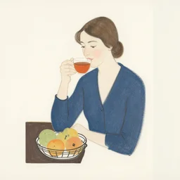 beautiful lady, drinking tea, fruit basket, painting, clean shapes, print, litography, pastel colors, ink lines, markus gunnar, konstfack