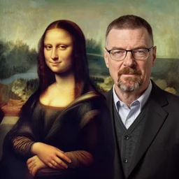 A painting of Walter White and Mona Lisa, Mona Lisa style.