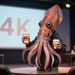 a giant squid giving a ted talk holding a cup of coffee, 4 k, 3 5 mm, bokeh