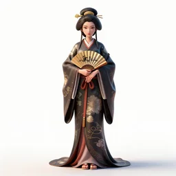 stoic geisha with fan, detailed 3d character render, full body, standing, isolated on a pure white background, centered, whole figure in frame, sharp focus, studio lighting