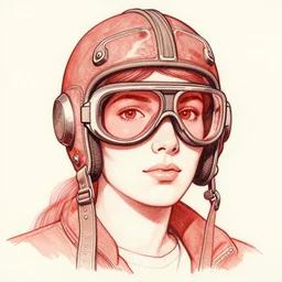 woman wearing loose aviator helmet and googles, drawn by jean giraud and moebius, red tones, detailed drawing, flat colors