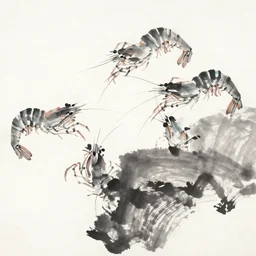 shrimps, by qi baishi, black ink, zen