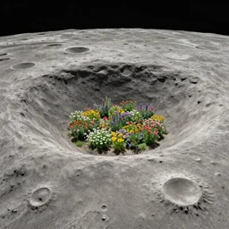 a landscape on the moon with many craters, barren moon landscape, in a big crater at the center there is a beautiful flowering garden, 8 k, lowbrow in the style of martin johnson heade, roger dean, mark ryden and daniel merriam,