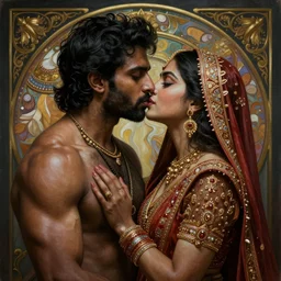 portrait painting of dark muscular indian royal couple kissing, ultra realistic, concept art, intricate details, eerie, highly detailed, photorealistic, octane render, 8 k, unreal engine. art by artgerm and greg rutkowski and alphonse mucha