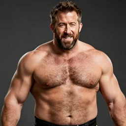 ryan reynolds as a burly padded strongman, dad energy, masculine, hairy torso, 4 k hd