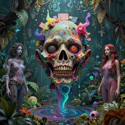 hypercomplex floating horror head made out of blocks, submerged with psychedelic phantoms in fluid, horror art, surrounded by lush flora, by alex grey and lisa frank and karol bak and giger