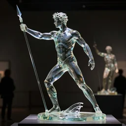 a statue of a beautiful young fit man made of transparent glass, on a pedestal, wielding a spear, by philippe starck and victoria hagan, dynamic pose, cinematic lighting, detailed digital photography by rutkovski and beksinski, masterpiece, gorgeous, 4 k