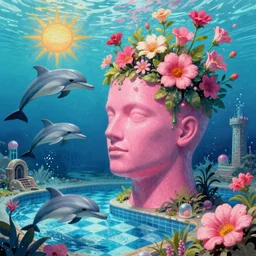 tim hildebrandt, trending on artstation, highly detailed, vaporwave surreal ocean, dolphins, sunken ruins of a pink mannequin head, pool, checkerboard pattern underwater, cuastics, award winning masterpiece with incredible details, artstation, a surreal vaporwave vaporwave vaporwave vaporwave vaporwave painting by thomas cole, flowers growing out of its head, sinking underwater, highly detailed