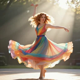 portrait of christina hendricks dancing swirling in the morning sun - rays, rainbow clothes