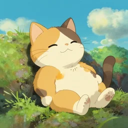 a cute calico cat dreaming about taking over the world, studio ghibli