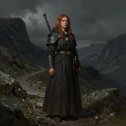a fullsize portrait of a female dwarf warpriest on a dark mountain trail, concept art, dndart, fantasy portrait, 4 k, hires, art by lucian freud and and artgerm