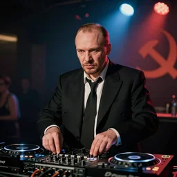 vladimir lenin as a disc jockey at the local night club, sharp lines, style of communist propaganda -