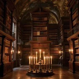 Giant, lit by candles, old library. Masterpiece impressionists painting. Museum collection. 8k
