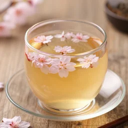 photo of sakura cherry blossom tea in a clear glass, beautiful, high detail, recipe, cinematic,