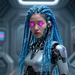 beautiful futuristic himba young woman inside a spaceship, glowing magenta mechanical eyes, robotic prosthetic arms, blue glass dreadlocks, hyperrealistic, sci - fi, dramatic lighting, intricate, soft focus, assymetrical