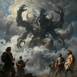 art masterpice, cthulu descending from the clouds, intricate, beautiful cinematic lighting, stunning painting by artgerm, caravaggio, android jones, wadim kashin