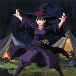 key anime visual portrait of an adult witch defending a camp, dynamic pose, cinematic, film grain, designed by yoh yoshinari, detailed, intricate, at night