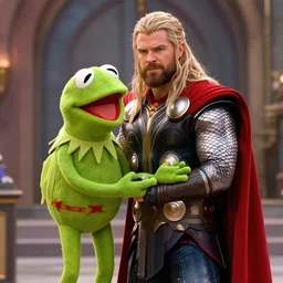 a still from the movie Thor: Love and thunder with Kermit the muppet frog playing Thor