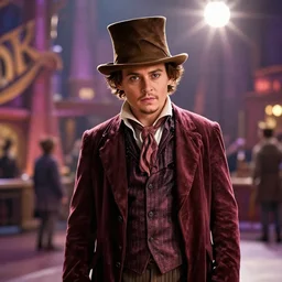 johnny depp as a character in willy wonka's chocolate factory movie directed by tim burton,, cinematic still, movie still, long lens, shallow depth of field, bokeh, anamorphic lens flare, 8 k