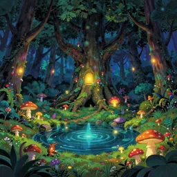 a sanctuary in an enchanted forest, large tree in the, pond, night, mushrooms, glowing lights, epic fantasy, colorfully, digital art, highly saturated colors, concept art, detailed illustration, hd, 4 k, digital art, greg rutkowski, dan mumford, studio ghibli trending on artstation