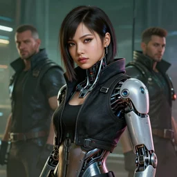 medium shot, beautiful digital painting of lalisa with cybernetic implants with high detail, ( cyberpunk 2 0 7 7, mass effect, bladerunner 2 0 4 9 ), environment, 8 k, stunning detail, photo by artgerm, greg rutkowski and alphonse mucha, unreal engine 5, 4 k uhd