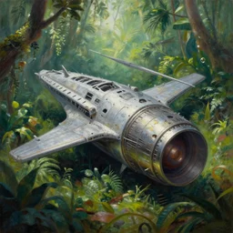 a beautiful painting of a crashed star destroyer ion drive in a lush jungle, ray traced lighting by kalin popov and greg rutkowski