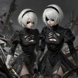 2 b from nier automata scavenging in a scrapyard, deep focus, intricate, elegant, highly detailed, digital painting, artstation, concept art, matte, sharp focus, illustration, art by artgerm and greg rutkowski and alphonse mucha