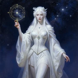 painting of alluring astromancer woman in the starry sky, beautiful face, white skin, long robes and short skirt, corset, small hat, astronomy, high fantasy, dnd, sharp focus, award - winning, masterpiece, extremely detailed, intricate, art by rebecca guay, rossdraws
