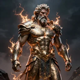 zeus in thunder armor concept, bearded, muscular, beksinski