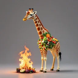 a giraffe that is made out of vegetables and also is on fire