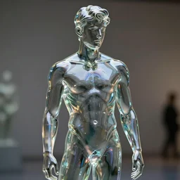 a statue of a young fit man made of transparent glass, dressed, by philippe starck and victoria hagan, cinematic lighting, soft light, iridescent reflections, detailed digital photography by rutkovski and beksinski, masterpiece, gorgeous, 4 k