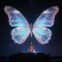 sacred dj performing at the edge of the universe, iridescent butterfly lighting, cinematic, sublime, dramatic lighting