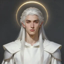 portrait of a young beautiful calm and pious male aasimar paladin halo above head with medium length white hair wearing white vestments under armor, pensive and hopeful expression, cinematic light, symmetrical face illustration, painterly, Greg Rutkowski:9, intricate, masterpiece, clean shaven, fantasy, 8k