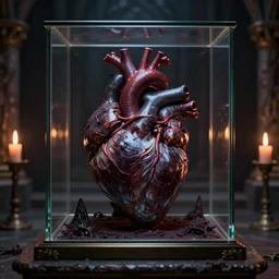 macro shot portrait of a darkmagic realistic mutated anatomical real heart inside glass box on an altar, dark magic in the air, inside a medieval dungeon with candles, grimdark magic ritual, 8 k, realistic render, octane render, unreal engine, style by greg rutkowski, intricate details, cinematic lighting