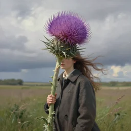 portrait, enormous thistle flower under head, a girl in a coat in field, surreal photography, wind, cloudy sky, dramatic light, impressionist painting, digital painting, artstation, simon stalenhag
