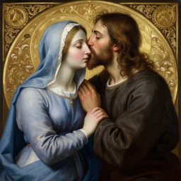 jesus kissing a maria maddalena, intricate, elegant, highly detailed, digital painting, artstation, concept art, matte, sharp focus, illustration, art by artgerm and greg rutkowski and alphonse mucha