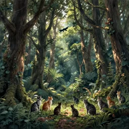 a fairytale forest full of cats, light and shadow, by Gil Elvgren and artgerm, WLOP, Felix Kelly and Greg Rutkowski and Gerardo Dottori, high detail, precision detail
